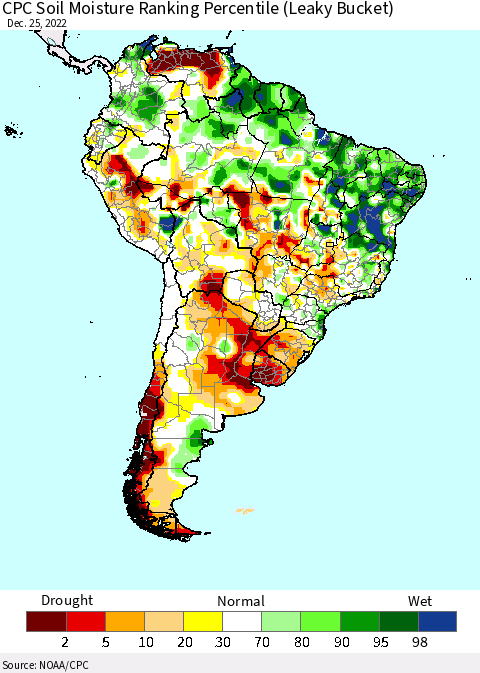 South America CPC Soil Moisture Ranking Percentile (Leaky Bucket) Thematic Map For 12/21/2022 - 12/25/2022