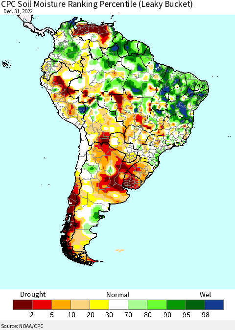 South America CPC Soil Moisture Ranking Percentile (Leaky Bucket) Thematic Map For 12/26/2022 - 12/31/2022