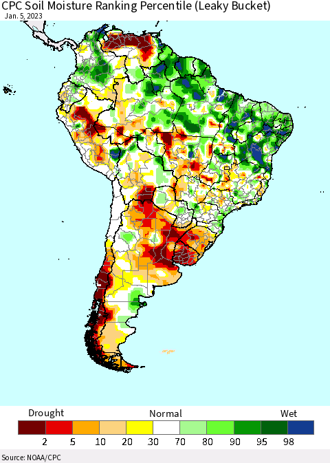 South America CPC Soil Moisture Ranking Percentile (Leaky Bucket) Thematic Map For 1/1/2023 - 1/5/2023