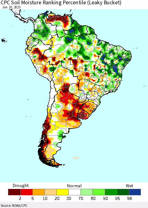 South America CPC Soil Moisture Ranking Percentile (Leaky Bucket) Thematic Map For 1/6/2023 - 1/10/2023