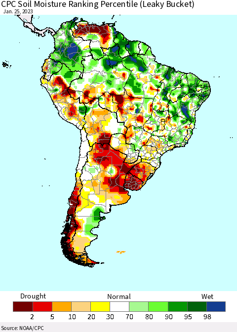 South America CPC Soil Moisture Ranking Percentile (Leaky Bucket) Thematic Map For 1/21/2023 - 1/25/2023