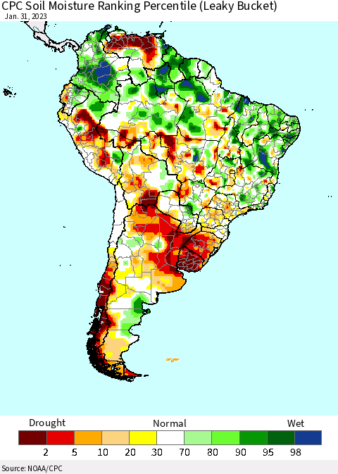 South America CPC Soil Moisture Ranking Percentile (Leaky Bucket) Thematic Map For 1/26/2023 - 1/31/2023
