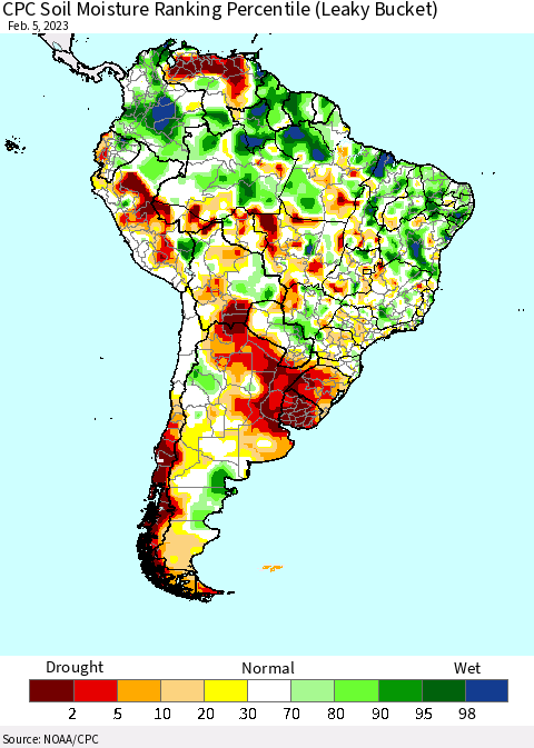 South America CPC Soil Moisture Ranking Percentile (Leaky Bucket) Thematic Map For 2/1/2023 - 2/5/2023