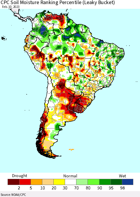 South America CPC Soil Moisture Ranking Percentile (Leaky Bucket) Thematic Map For 2/6/2023 - 2/10/2023