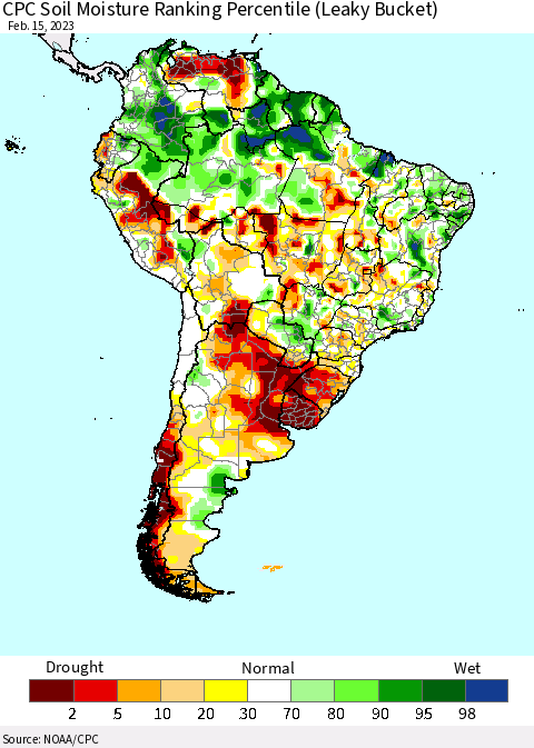 South America CPC Soil Moisture Ranking Percentile (Leaky Bucket) Thematic Map For 2/11/2023 - 2/15/2023