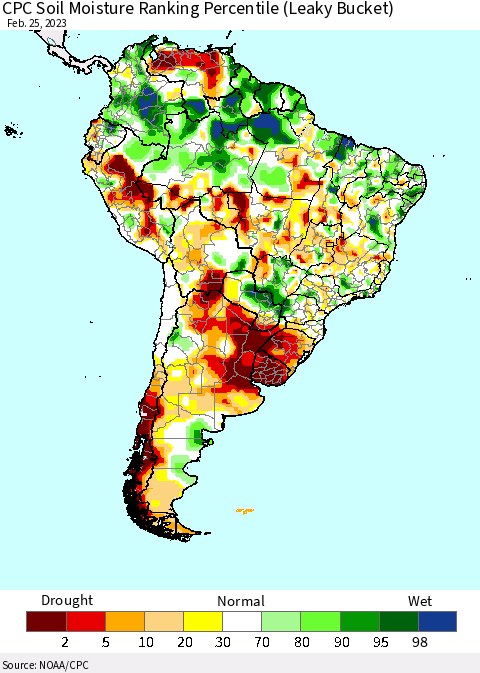 South America CPC Soil Moisture Ranking Percentile (Leaky Bucket) Thematic Map For 2/21/2023 - 2/25/2023