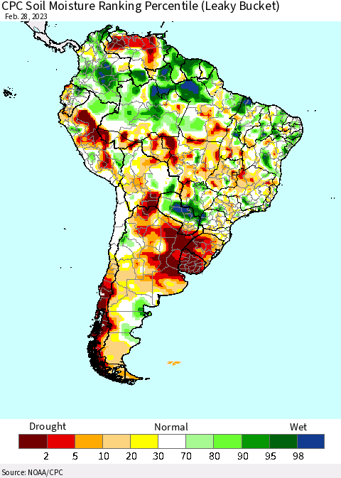 South America CPC Soil Moisture Ranking Percentile (Leaky Bucket) Thematic Map For 2/26/2023 - 2/28/2023