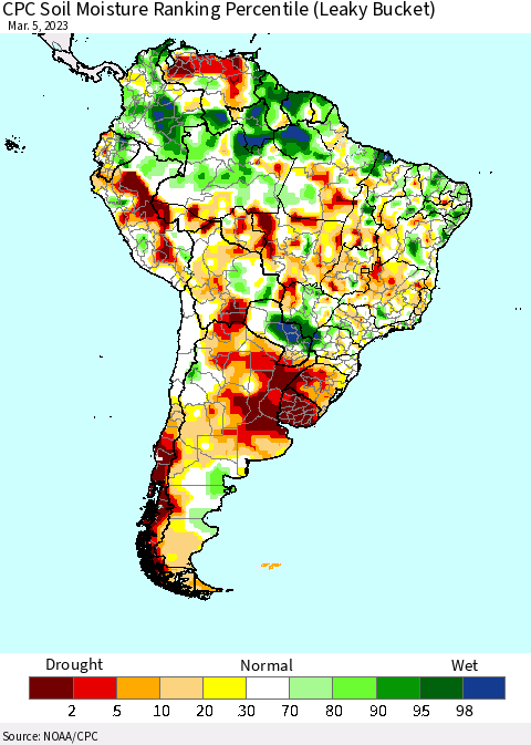 South America CPC Soil Moisture Ranking Percentile (Leaky Bucket) Thematic Map For 3/1/2023 - 3/5/2023