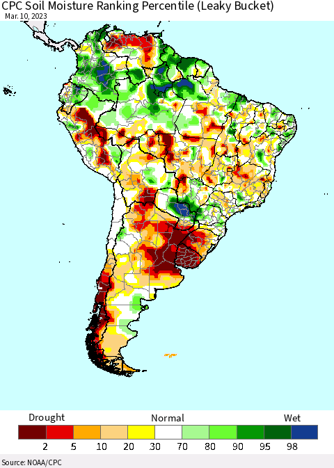 South America CPC Soil Moisture Ranking Percentile (Leaky Bucket) Thematic Map For 3/6/2023 - 3/10/2023