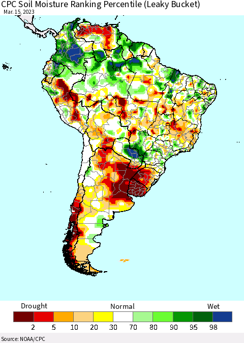 South America CPC Soil Moisture Ranking Percentile (Leaky Bucket) Thematic Map For 3/11/2023 - 3/15/2023