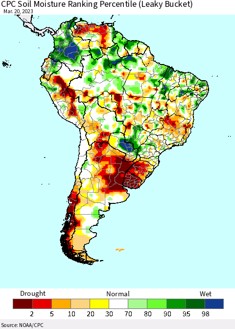 South America CPC Soil Moisture Ranking Percentile (Leaky Bucket) Thematic Map For 3/16/2023 - 3/20/2023