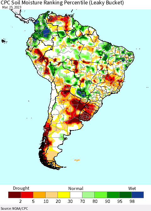 South America CPC Soil Moisture Ranking Percentile (Leaky Bucket) Thematic Map For 3/21/2023 - 3/25/2023