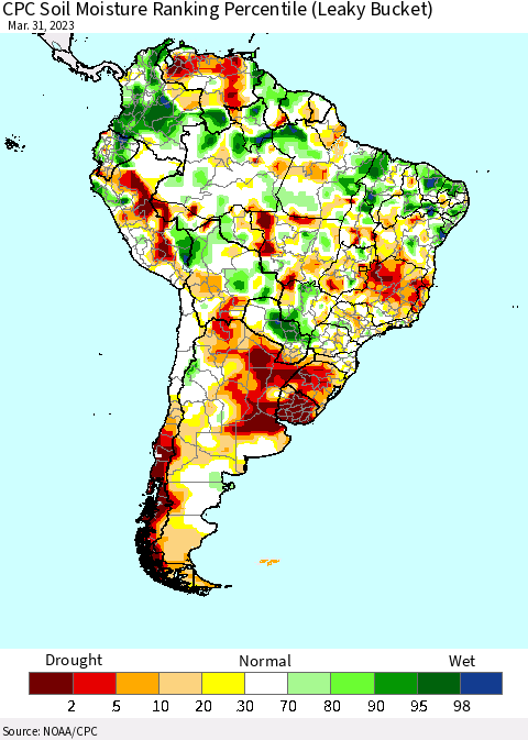 South America CPC Soil Moisture Ranking Percentile (Leaky Bucket) Thematic Map For 3/26/2023 - 3/31/2023