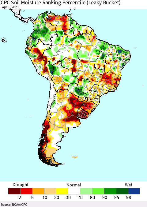 South America CPC Soil Moisture Ranking Percentile (Leaky Bucket) Thematic Map For 4/1/2023 - 4/5/2023