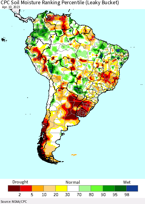 South America CPC Soil Moisture Ranking Percentile (Leaky Bucket) Thematic Map For 4/6/2023 - 4/10/2023