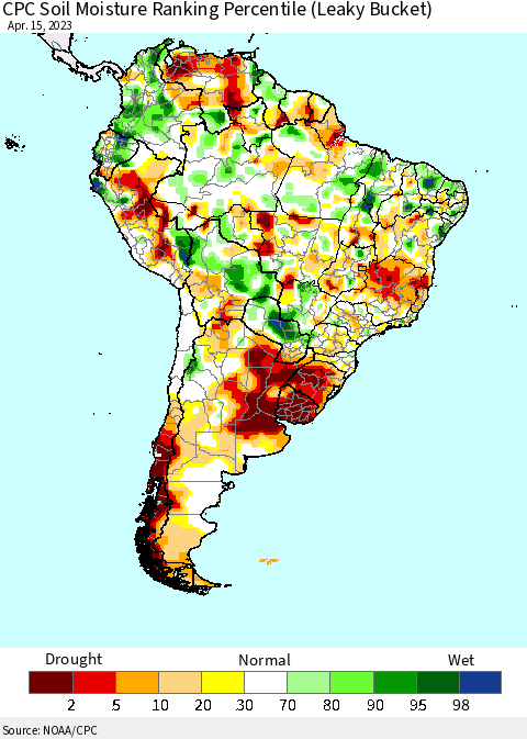 South America CPC Soil Moisture Ranking Percentile (Leaky Bucket) Thematic Map For 4/11/2023 - 4/15/2023