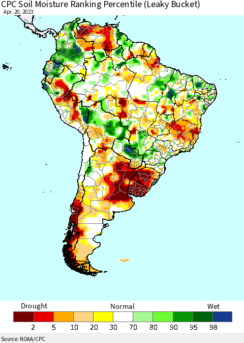 South America CPC Soil Moisture Ranking Percentile (Leaky Bucket) Thematic Map For 4/16/2023 - 4/20/2023