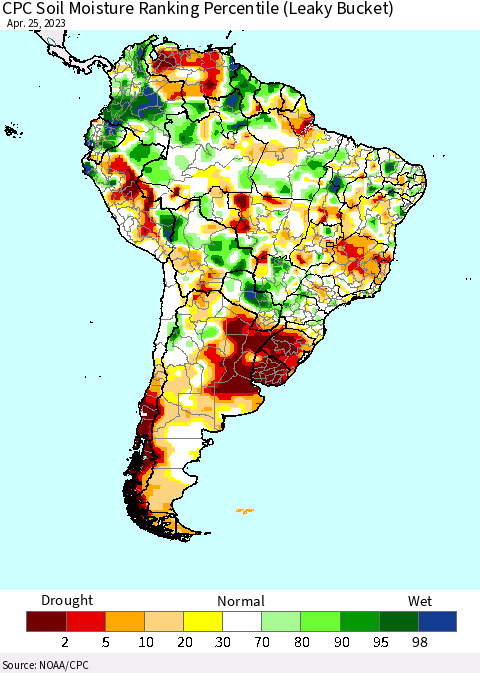 South America CPC Soil Moisture Ranking Percentile (Leaky Bucket) Thematic Map For 4/21/2023 - 4/25/2023
