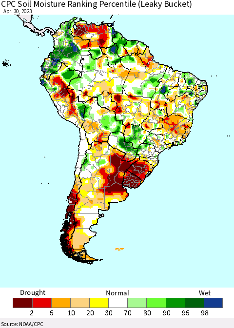 South America CPC Soil Moisture Ranking Percentile (Leaky Bucket) Thematic Map For 4/26/2023 - 4/30/2023