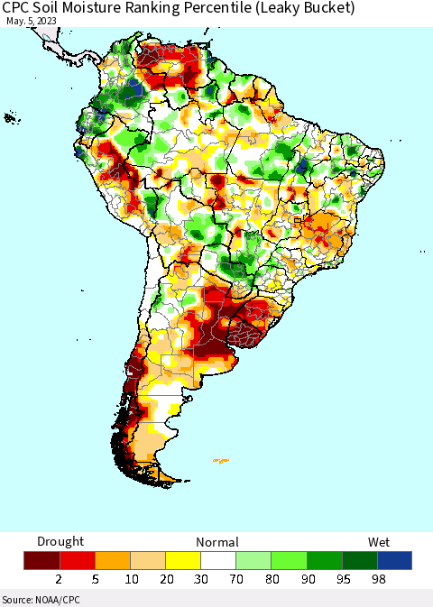 South America CPC Soil Moisture Ranking Percentile (Leaky Bucket) Thematic Map For 5/1/2023 - 5/5/2023