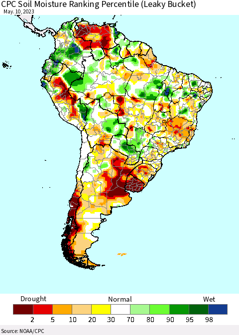 South America CPC Soil Moisture Ranking Percentile (Leaky Bucket) Thematic Map For 5/6/2023 - 5/10/2023