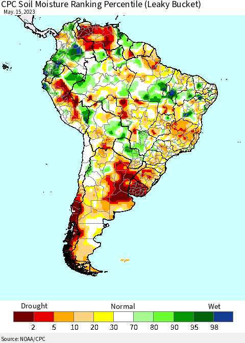 South America CPC Soil Moisture Ranking Percentile (Leaky Bucket) Thematic Map For 5/11/2023 - 5/15/2023