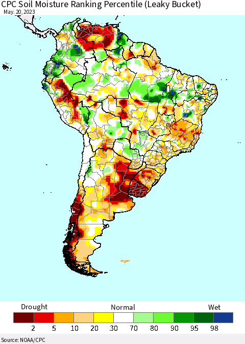 South America CPC Soil Moisture Ranking Percentile (Leaky Bucket) Thematic Map For 5/16/2023 - 5/20/2023