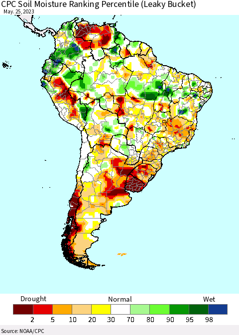 South America CPC Soil Moisture Ranking Percentile (Leaky Bucket) Thematic Map For 5/21/2023 - 5/25/2023