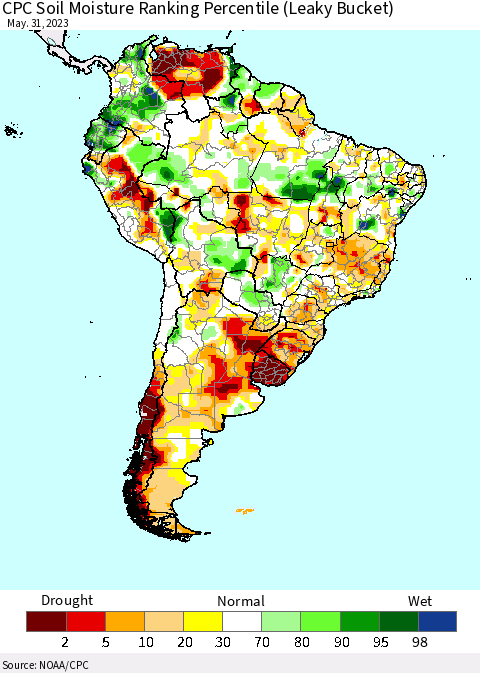 South America CPC Soil Moisture Ranking Percentile (Leaky Bucket) Thematic Map For 5/26/2023 - 5/31/2023