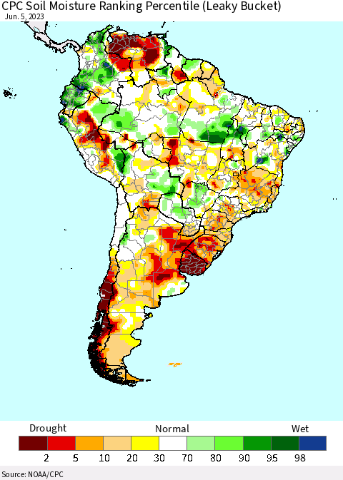 South America CPC Soil Moisture Ranking Percentile (Leaky Bucket) Thematic Map For 6/1/2023 - 6/5/2023