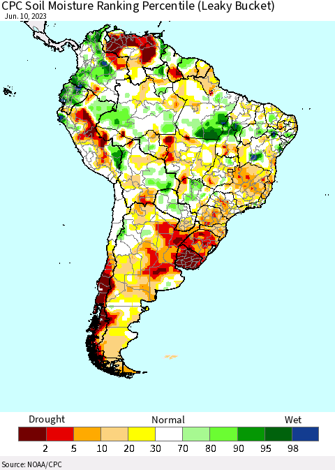 South America CPC Soil Moisture Ranking Percentile (Leaky Bucket) Thematic Map For 6/6/2023 - 6/10/2023