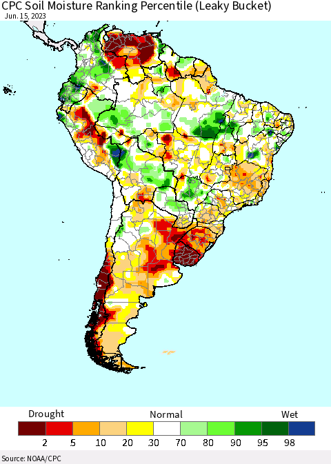 South America CPC Soil Moisture Ranking Percentile (Leaky Bucket) Thematic Map For 6/11/2023 - 6/15/2023