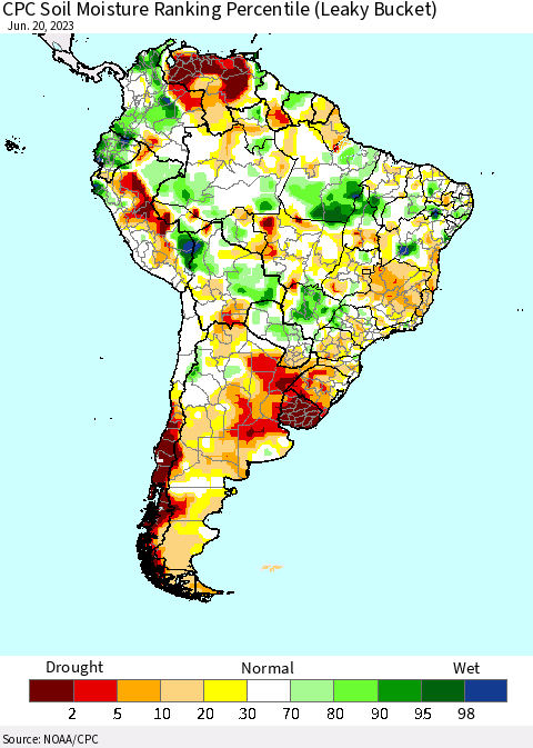 South America CPC Soil Moisture Ranking Percentile (Leaky Bucket) Thematic Map For 6/16/2023 - 6/20/2023