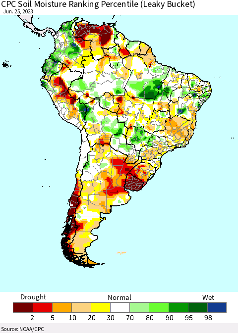 South America CPC Soil Moisture Ranking Percentile (Leaky Bucket) Thematic Map For 6/21/2023 - 6/25/2023