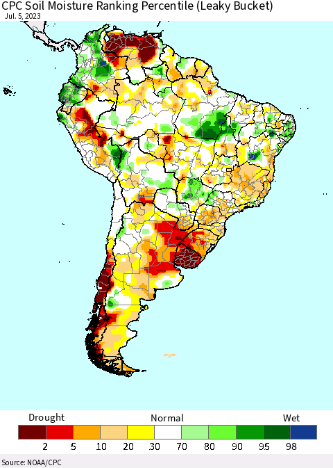 South America CPC Soil Moisture Ranking Percentile (Leaky Bucket) Thematic Map For 7/1/2023 - 7/5/2023