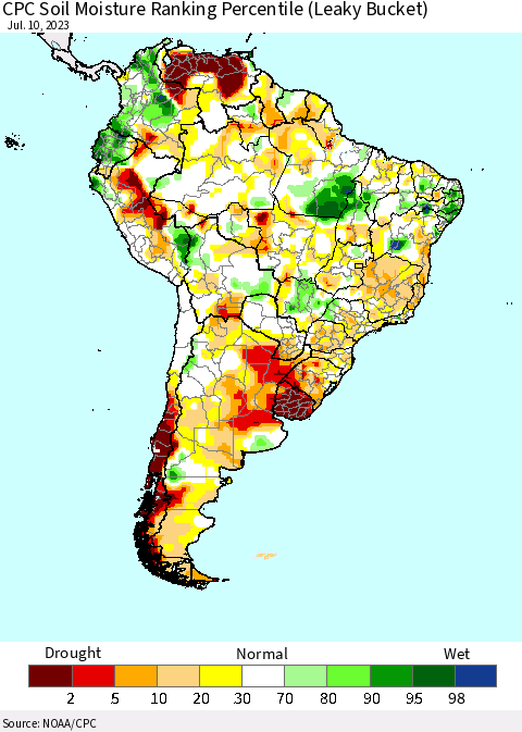 South America CPC Soil Moisture Ranking Percentile (Leaky Bucket) Thematic Map For 7/6/2023 - 7/10/2023