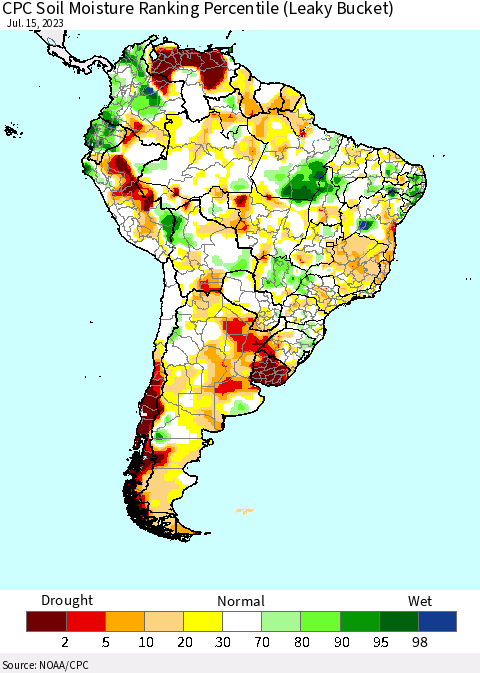 South America CPC Soil Moisture Ranking Percentile (Leaky Bucket) Thematic Map For 7/11/2023 - 7/15/2023