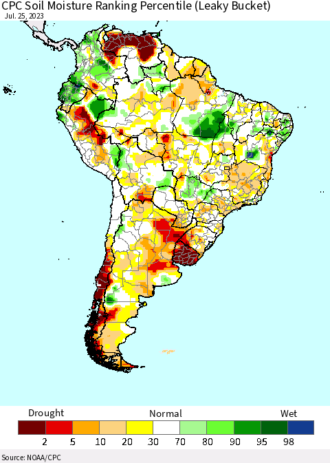 South America CPC Soil Moisture Ranking Percentile (Leaky Bucket) Thematic Map For 7/21/2023 - 7/25/2023