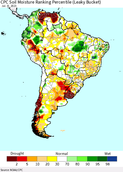South America CPC Soil Moisture Ranking Percentile (Leaky Bucket) Thematic Map For 7/26/2023 - 7/31/2023