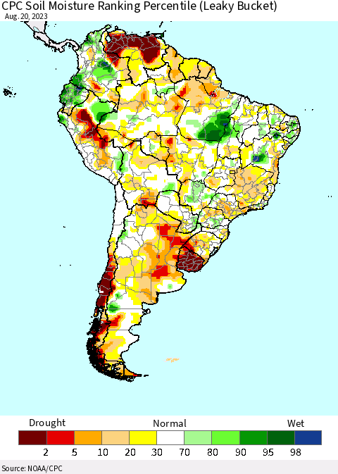 South America CPC Soil Moisture Ranking Percentile (Leaky Bucket) Thematic Map For 8/16/2023 - 8/20/2023