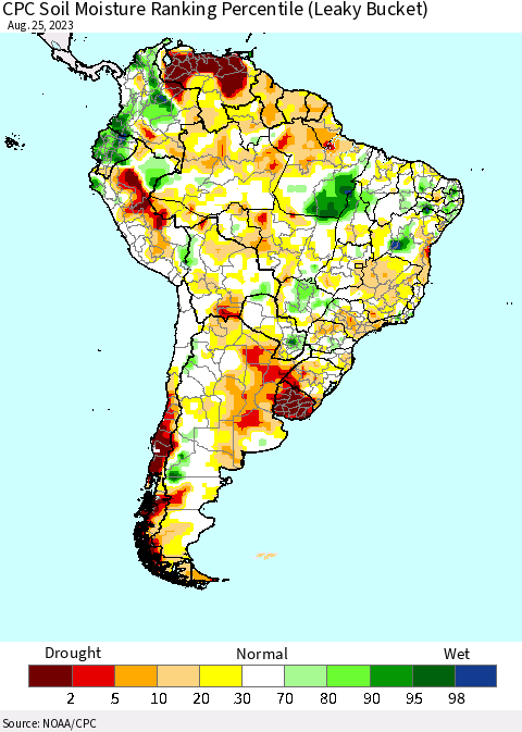 South America CPC Soil Moisture Ranking Percentile (Leaky Bucket) Thematic Map For 8/21/2023 - 8/25/2023