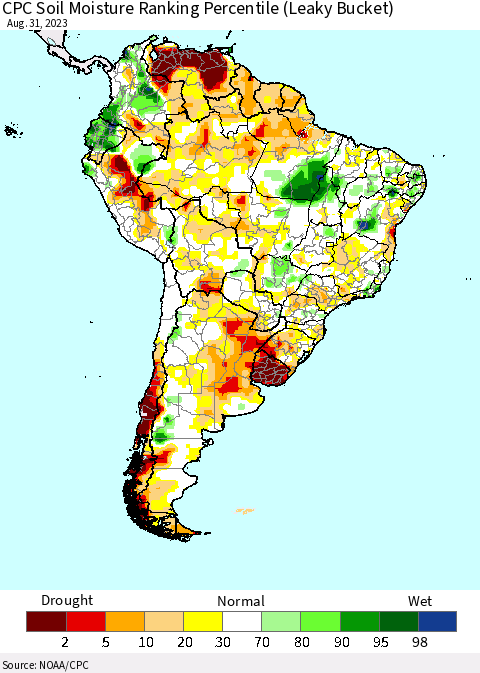 South America CPC Soil Moisture Ranking Percentile (Leaky Bucket) Thematic Map For 8/26/2023 - 8/31/2023