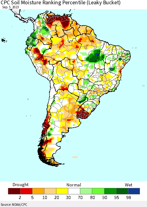 South America CPC Soil Moisture Ranking Percentile (Leaky Bucket) Thematic Map For 9/1/2023 - 9/5/2023
