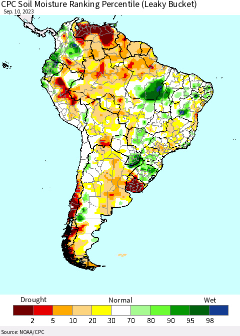 South America CPC Soil Moisture Ranking Percentile (Leaky Bucket) Thematic Map For 9/6/2023 - 9/10/2023