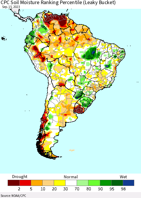 South America CPC Soil Moisture Ranking Percentile (Leaky Bucket) Thematic Map For 9/11/2023 - 9/15/2023