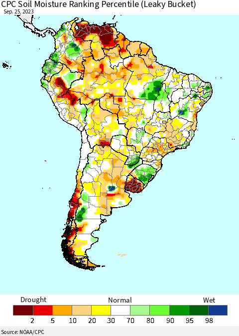 South America CPC Soil Moisture Ranking Percentile (Leaky Bucket) Thematic Map For 9/21/2023 - 9/25/2023