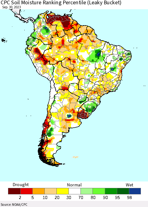 South America CPC Soil Moisture Ranking Percentile (Leaky Bucket) Thematic Map For 9/26/2023 - 9/30/2023