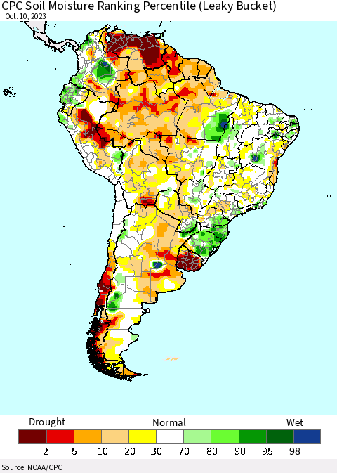 South America CPC Soil Moisture Ranking Percentile (Leaky Bucket) Thematic Map For 10/6/2023 - 10/10/2023