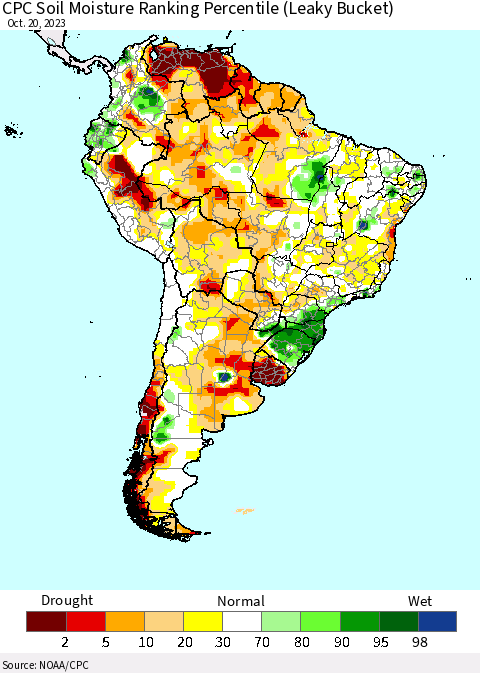 South America CPC Soil Moisture Ranking Percentile (Leaky Bucket) Thematic Map For 10/16/2023 - 10/20/2023