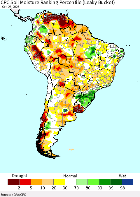 South America CPC Soil Moisture Ranking Percentile (Leaky Bucket) Thematic Map For 10/21/2023 - 10/25/2023